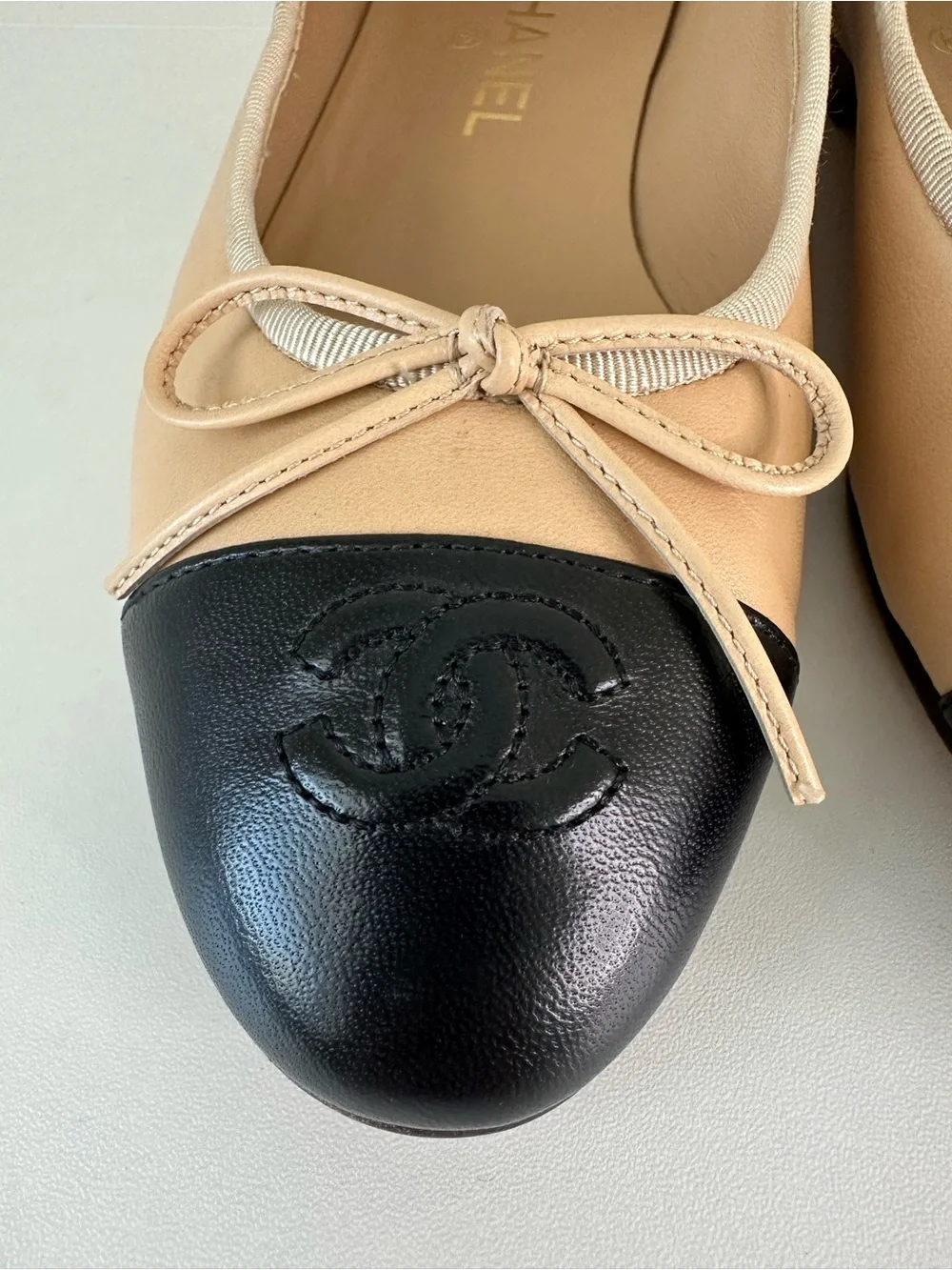 CHANEL Lambskin Cap Toe CC Ballerina Flats  Beige Black SZ EUR 38
